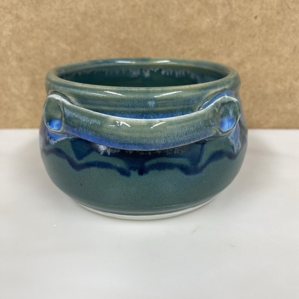 Studio Art Pottery One Handled Bowl Vessel 4”x 2.5” Blue Green
